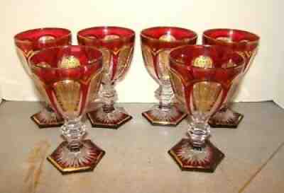 Antique 19th Century Baccarat Empire Cranberry Cut To Clear w/ Gold 6 Goblets