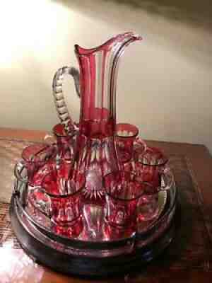 Cranberry to Clear Baccarat Pitcher and Mugs