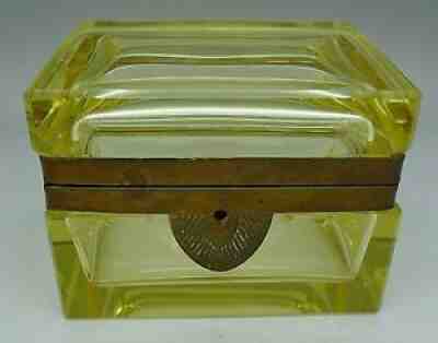 BACCARAT FRENCH RARE YELLOW CRYSTAL GLASS VANITY BOX W/ LOCK - GILT METAL GOLD
