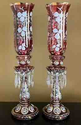 PAIR ANTIQUE 19th C. BACCARAT ENEMALED FLOWER MEDALLION CANDLESTICKS RUBY LUSTER