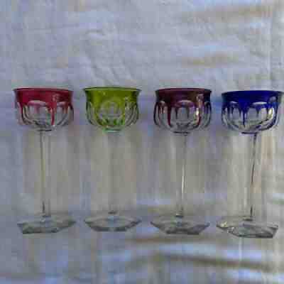 Baccarat 4 beautiful large wine glasses crystal colored carved