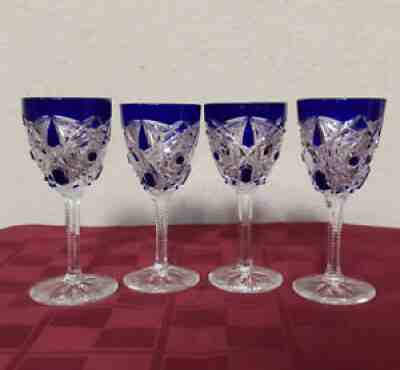 LAGNY by BACCARAT Blue Cut Crystal 5â? Sherry Cordial Liqueur Wine Glass Set 4