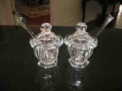 PAIR (2) BACCARAT CRYSTAL MUSTARD OR JAM JAR WITH LID AND SPOON EXC.