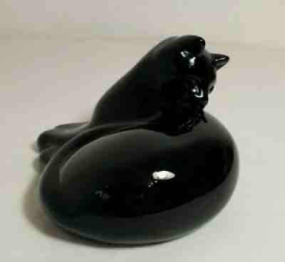 BACCARAT France Black Glass Grooming Cat Figurine Paperweight Signed