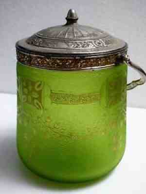 ANTIQUE BACCARAT ACID ETCHED GREEN ART Nouveau Deco GLASS Cookie Jar FINE FLORAL