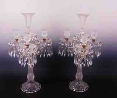 LARGE PAIR OF BACCARAT STYLE CRYSTAL GLASS CANDELABRA LUSTERS NO RESERVE