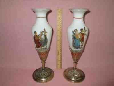 Antique 19th C French Opaline Glass Baccarat Greek Revival Pair Mounted Vases