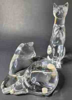Baccarat France Crystal Sitting Egyptian Sphinx Grooming Cat Sculpture Pair Lot