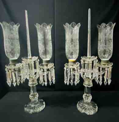 BACCARAT STYLE CRYSTAL GLASS CANDELABRA LUSTERS HURRICANE SHADES PAIR NO RESERVE