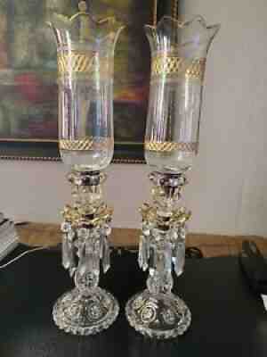 Pair Exquisite Baccarat Enamel Decorated Candlesticks w/ Prisms & Hurricanes