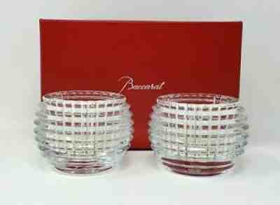 New Baccarat Crystal Eye Votive Pair Set of 2 Clear Holder NWB 2.8" Ribbed Etch