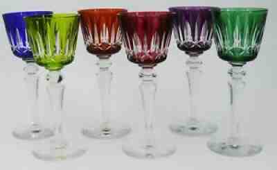 Baccarat, 6 color crystal glasses roemer/rhine glasses, intact, signed.