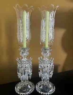 PAIR BACCARAT CRYSTAL MEDALLION CANDLESTICKS HURRACANE PRISMS CANDELABRAS