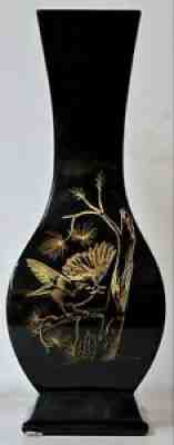 BACCARAT France 10" BLACK CRYSTAL VASE with GOLDEN BIRDS In Box w/Sticker