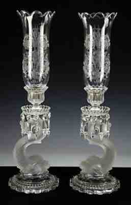 pair Baccarat crystal Dauphine hurricane lamp candle holder candlestick drip bow