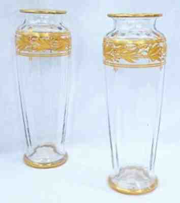 Antique 20th France Pair Of Baccarat Crystal Vases Enhanced With Fine Gold 25cm