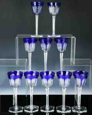 RARE AUTH SET 10 SIGNED BACCARAT HARCOURT COBALT BLUE CRYSTAL WINE RHINE GLASSES