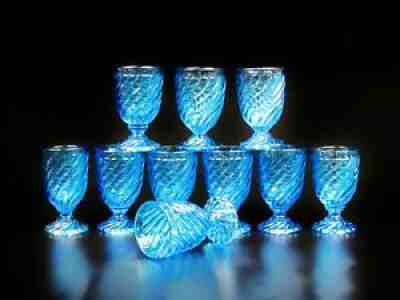 Set of Ten Antique Blue Baccarat Style Bamboo Swirl tall water goblet Glass.