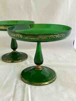 ANTIQUE PAIR OF GREEN GLASS COMPOTES GOLD GREEK KEY DECORATED