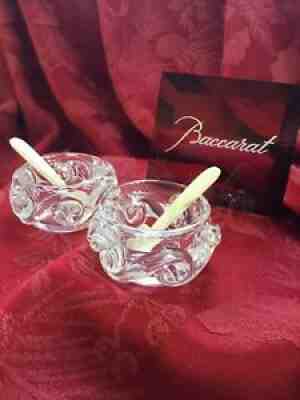 NEW FLAWLESS BACCARAT France Pair ALADIN Crystal SALT DIP CAVIAR CELLARS SPOONS