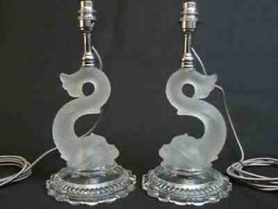 Vintage Pair Of Baccarat Crystal Dauphin Glass Lamps Stylised Dolphin