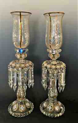BACCARAT GILT ENAMELLED CRYSTAL GLASS CANDELABRA LUSTERS WITH SHADES NO RESERVE