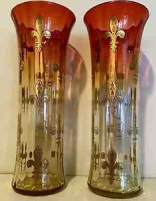 Antique Pair Tall Baccarat Rose Teinte Etched Gold Gilt Fleur de Lis Tall Vases