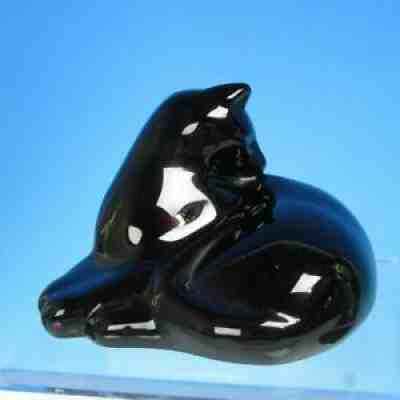 Baccarat France Crystal Signed - Black Cat Grooming Figurine Paperweight - 5"x4"