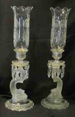 Elegant Pair Baccarat Crystal Dolphin Candlesticks w/ Etched Hurricane Shades