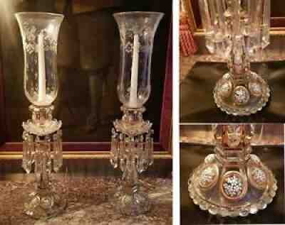 BACCARAT FRENCH MEDALLION PR ENAMEL DEC HURRICANE CANDLE LAMP CANDELABRAS C1890