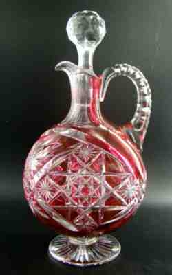 French Baccarat Crystal Handled Decanter with Stopper Red Cut to Clear ca 1900