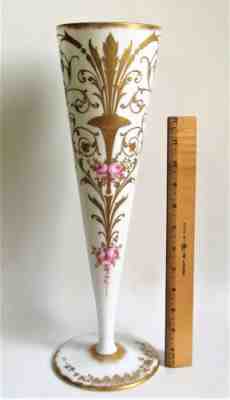Antique Bacarrat 16" French Opaline Victorian Painted Gilt Enamel Art Glass Vase