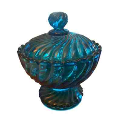 Vtg Depose Baccarat France Blue Art Glass Swirl Small Covered Candy Dish W Plate