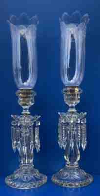 ANTIQUE BACCARAT CRYSTAL MEDALLION CANDLESTICKS HURRACANE PRISMS LUSTERS PAIR 2