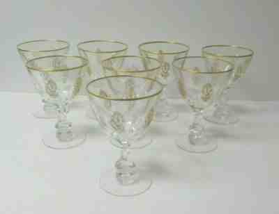 Vintage Set/8 French Crystal 5.75" Wine Glasses / Goblets, 24 K Gold Encrusted