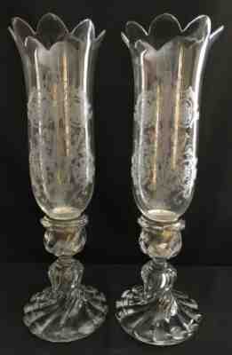 PAIR BACCARAT CRYSTAL BAMBOUS SWIRL CANDLE STICKS HOLDERS W HURRICANES SHADE