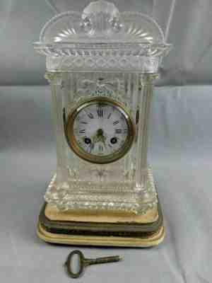 Antique Baccarat Frosted & Clear Crystal Mantel Clock Face Ribbon Japy Freres