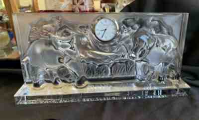 Baccarat Mantle Clock Crystal France Elephants Safari in Relief LARGE INCREDIBLE