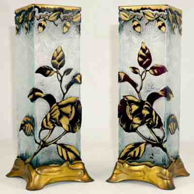 BACCARAT Pair Antique French Acid Etched Cameo Glass Vases Art Nouveau Poppies