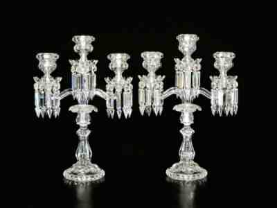 Pair Of Magnificent 3 Light Medallion Baccarat Crystal Candelabra, Candle Holder