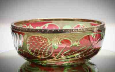 BACCARAT CRANBERRY CARVED TO GREEN SILVER EDGED SHOWPLACE BOWL #415