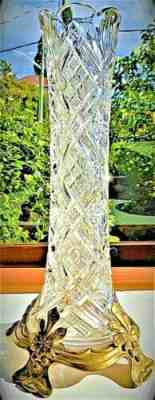 ANTIQUE 19thC 13" SIGNED BACCARAT HAND CUT CRYSTAL VASE BRONZE DORE BASE PERFECT