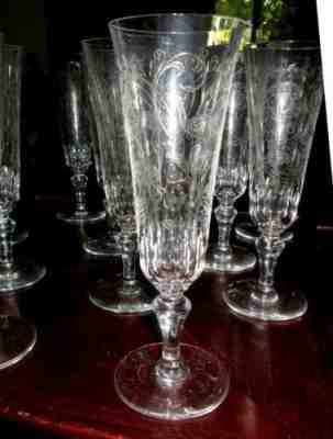 12 Baccarat PARME Champagne Flutes **Etched Birds of Paradise & Sea Horses