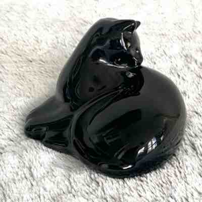 Baccarat Black Crystal Grooming / Reclining Cat Figurine - Vintage