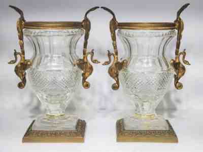 Pair 19th c Antique French Ormolu Bronze Baccarat Cut Crystal Glass Vases