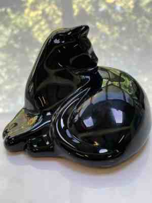 Vintage BACCARAT FRANCE BLACK CRYSTAL CAT Grooming FIGURINE Signed