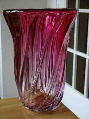 VINTAGE BIG VASE GLASS CRYSTAL VAL ST LAMBERT RED TORSADE height 11"