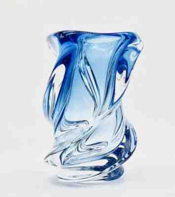 Val St. Lambert Crystal Vase Hand Crafted Blue To Clear 1950 Belgium