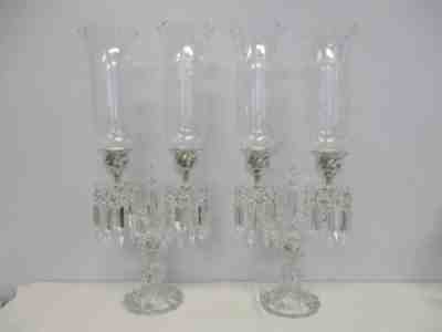 PAIR SIGNED BACCARAT CRYSTAL BAMBOUS 2 LIGHT CANDELABRAS ETCHED HURRICANE SHADES