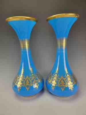 Antique French Baccarat Blue Opaline Elegant Gilt Glass Vase Pair